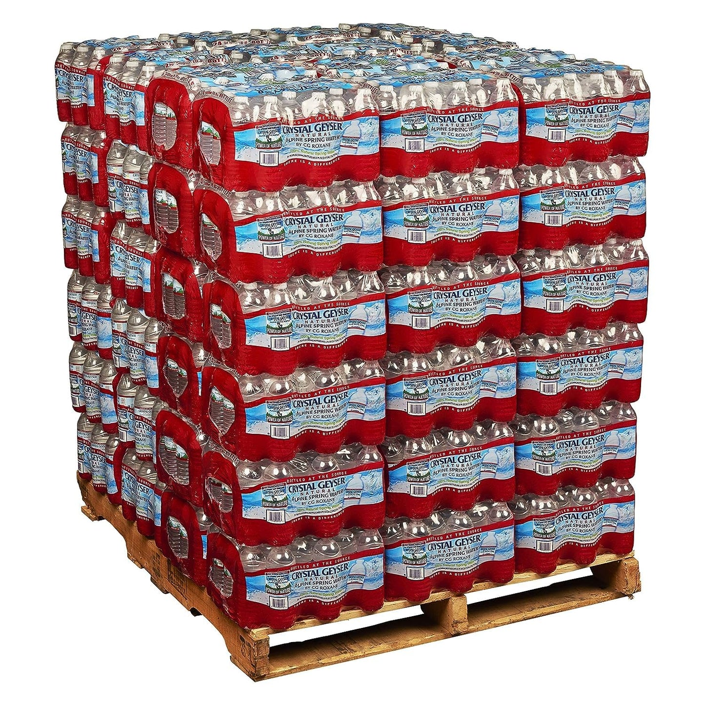 Full pallet of Crystal Geyser Alpine Spring Water featuring 1,920 bottles (48 cases) of 16.9 oz bottles stacked on a delivery pallet.