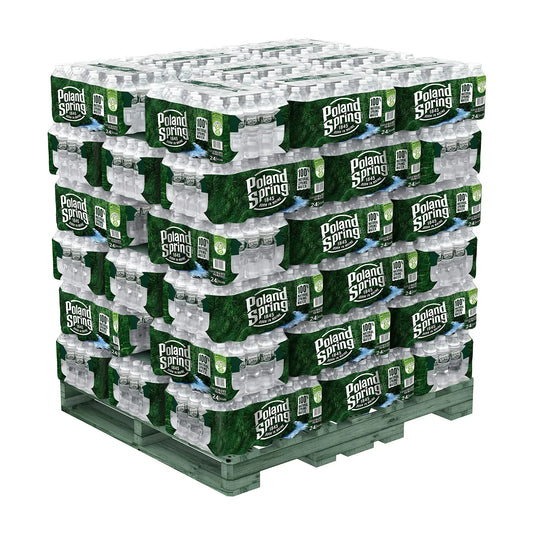 Full pallet of Poland Spring 16.9 oz bottled water with 1,920 bottles stacked in 48 shrink-wrapped cases for commercial delivery.