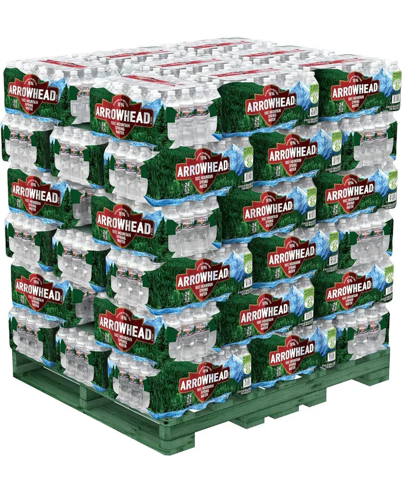 Full pallet of Arrowhead 16.9 oz spring water bottles shrink-wrapped and stacked for freight-ready bulk hydration.